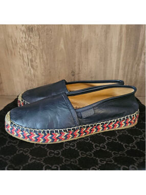 Gucci Pilar Leather Espadrilles Navy Blue Red Gold Woven Womens 37.5